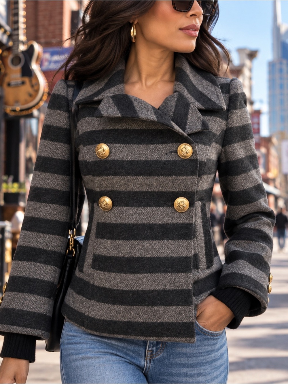 Smythe Striped Double Breasted Jacket Wool Women Long Sleeve Casual Gray Coat XS